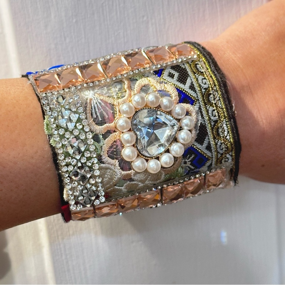 RUBYRUDI Cuff Bracelet Handcrafted OOAK Fabric Embellished Artisan Wearable Art - Picture 3 of 15